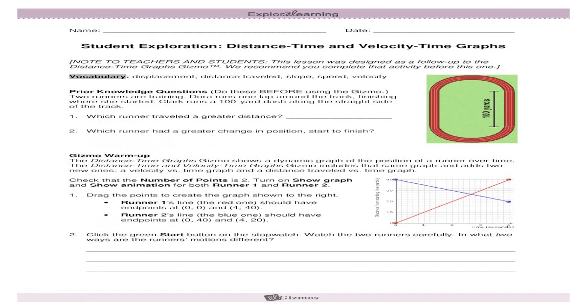 Distance time student gizmo worksheet graphs date name exploration